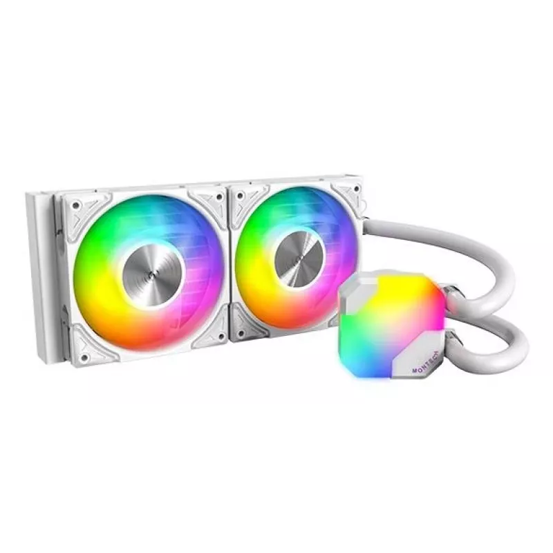 AIO vandens aušintuvas “Montech Hyper Flow ARGB 240 mm” baltas — 240 mm radiatorius, ARGB apšvietimas, balta apdaila