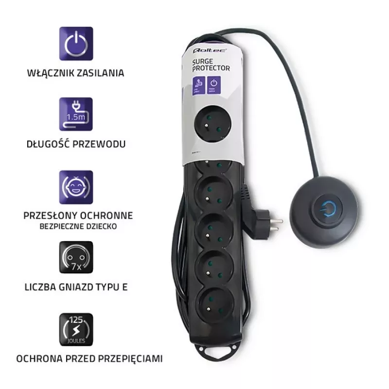 Apsauginis šakotuvas Qoltec 50171 Juodas 7 kintamosios srovės lizdai 230V 1,5m