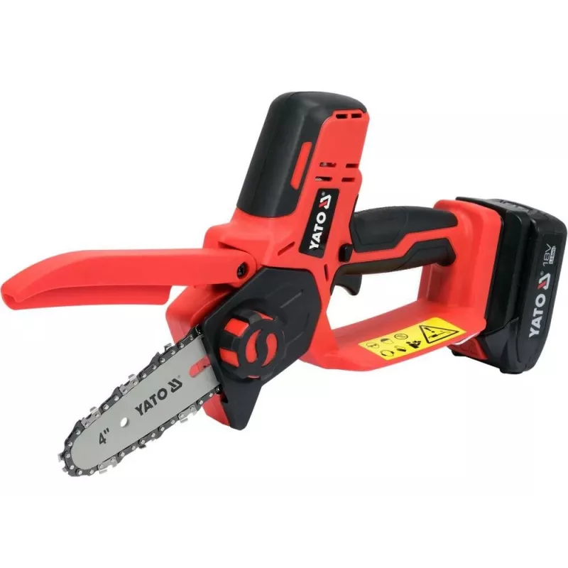 Belaidis grandininis pjūklas YATO YT-828135 — 18V Li-Ion 2Ah, 10 cm juosta, 3200 aps./min, 4,8 m/s grandinės greitis, 26 grandys