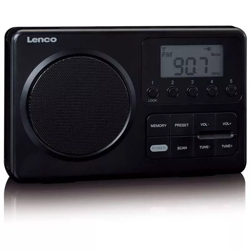 Nešiojamas radijas Lenco MPR-035BK — FM/AM, maitinimas iš tinklo ir baterijų, 2,5 colio LCD, 20 FM stočių atminties, 3,5 mm išvestis