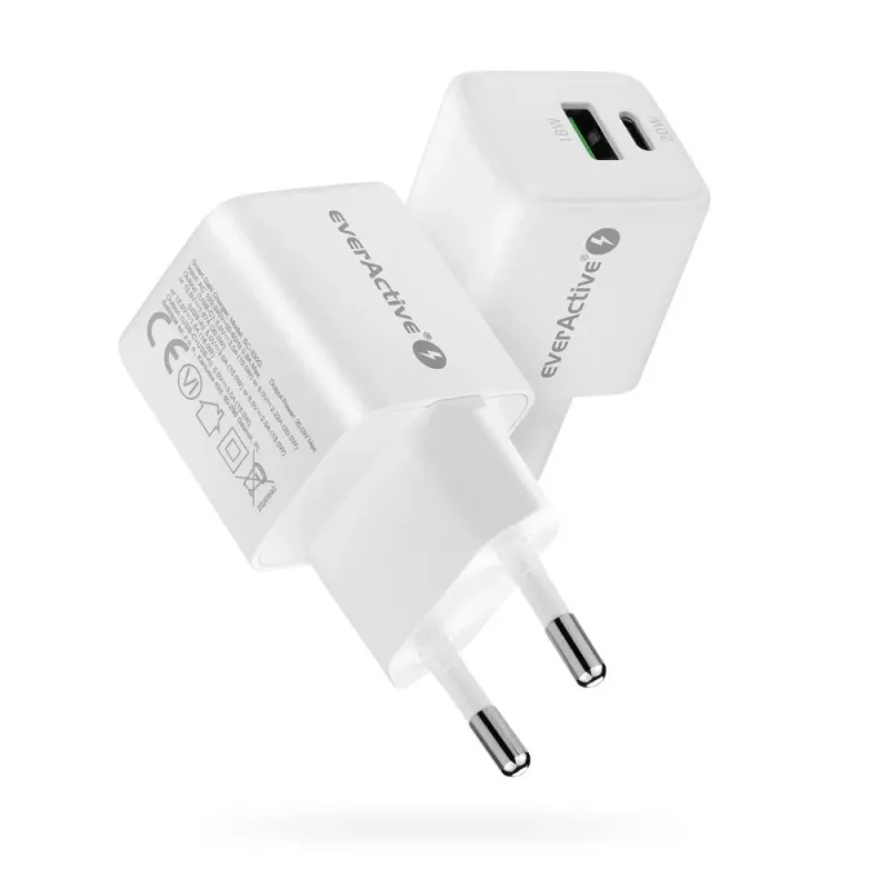 Sieninis įkroviklis everActive SC-330Q su 1x USB-A ir 1x USB-C prievadais, 20 W, baltas