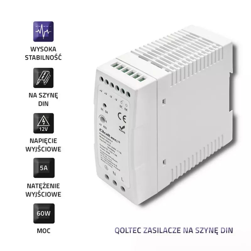 Qoltec DIN bėgio maitinimo šaltinis | 60 W | 12 V | 5 A | Baltas | Plonas