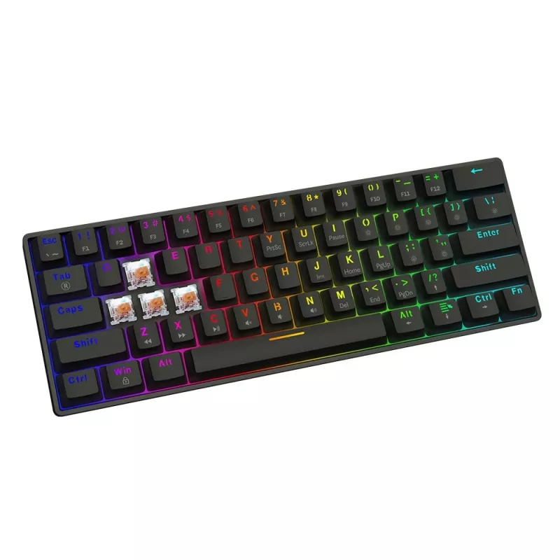 Mechaninė žaidimų klaviatūra SAVIO JuodaOUT X2 PEACH — 61 klavišų 60 % QWERTY, RGB LED, karštasis keitimas, USB Type-A/Type-C, nuimamas laidas