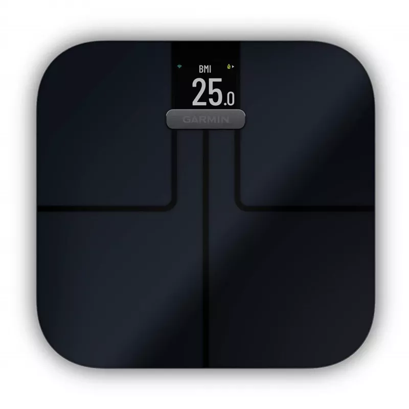 Elektroninės asmeninės svarstyklės GARMIN Index S2 – juodos, maks. 181,4 kg, Wi‑Fi/Bluetooth, kūno sudėties analizė