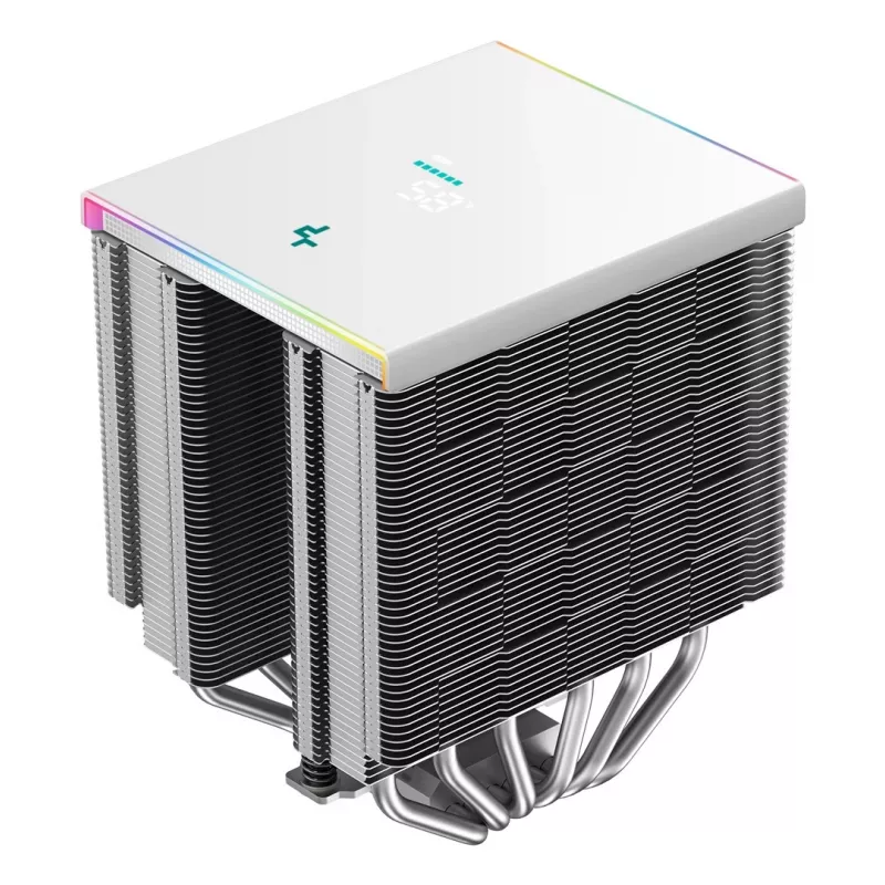 Oro aušintuvas DeepCool AK620 Digital SE White — dvigubi 120 mm ventiliatoriai, 6 šilumos vamzdeliai, PWM, LGA 1700 palaikymas, įmontuotas ekranas