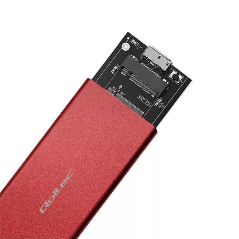 SSD dėklas QOLTEC 51831 USB 3.0 M.2 SATA diskams iki 2TB, raudonas, palaiko 30 mm ilgį, iki 4 diskų