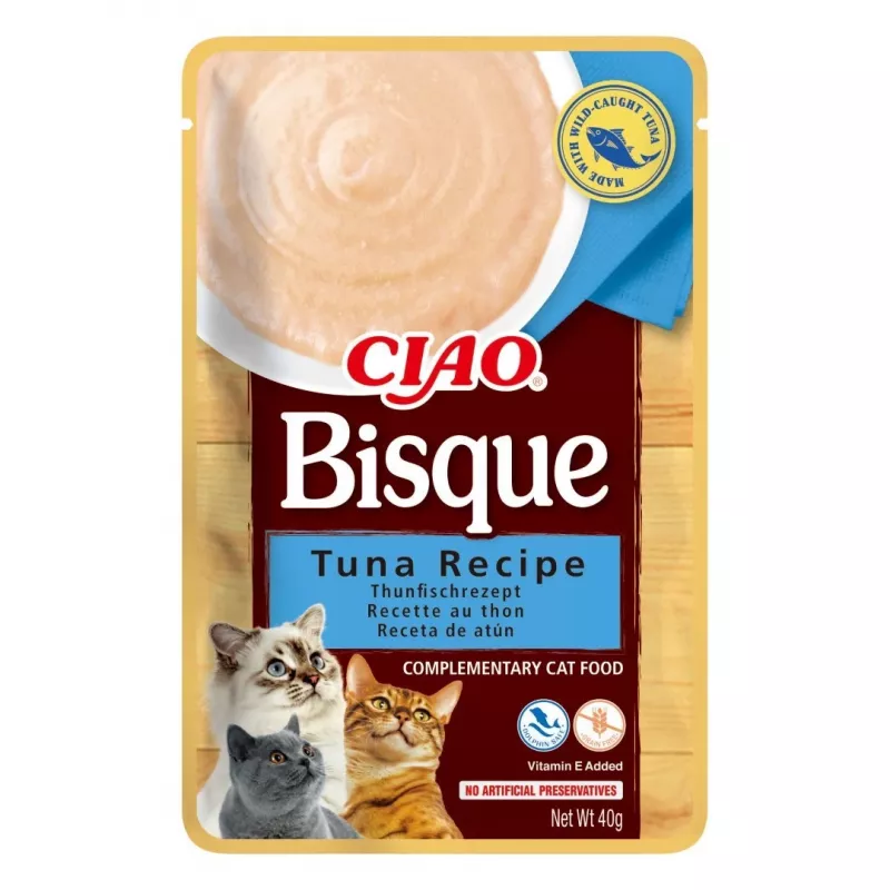 Šlapias kačių skanėstas INABA CIAO Bisque — tunas, jautiena, vištiena 40 g pakeliuose, pakuotėje 24 vnt.
