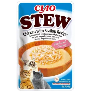 Drėgnas kačių skanėstas INABA Ciao Stew Chicken & Scallop maišelis 40 g — be grūdų, suaugusioms, mėsingas