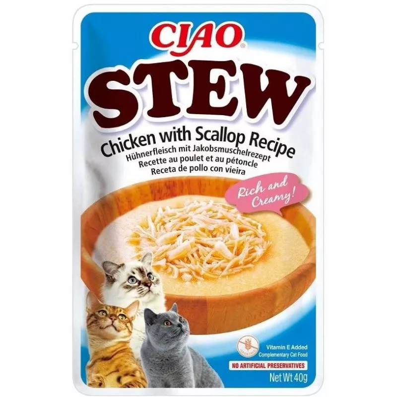 Drėgnas kačių skanėstas INABA Ciao Stew Chicken & Scallop maišelis 40 g — be grūdų, suaugusioms, mėsingas