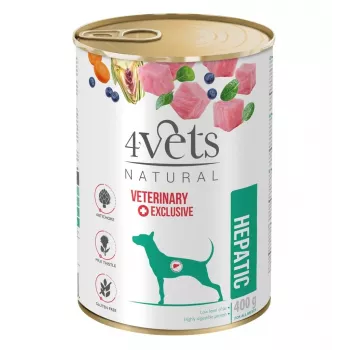 Šlapias konservuotas šunų ėdalas 4vets Natural Hepatic 400 g — veterinarinė dieta kepenų funkcijai palaikyti, kalakutiena, 77 % drėgmės