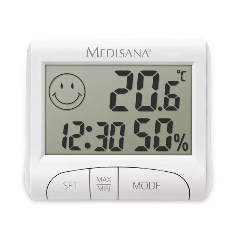 Elektroninis vidaus higrometras Medisana HG 100 — Skaitmeninis termometras, drėgmė 20–90%, temp. -10–50 °C, stalinis ekranas, baterija AAA