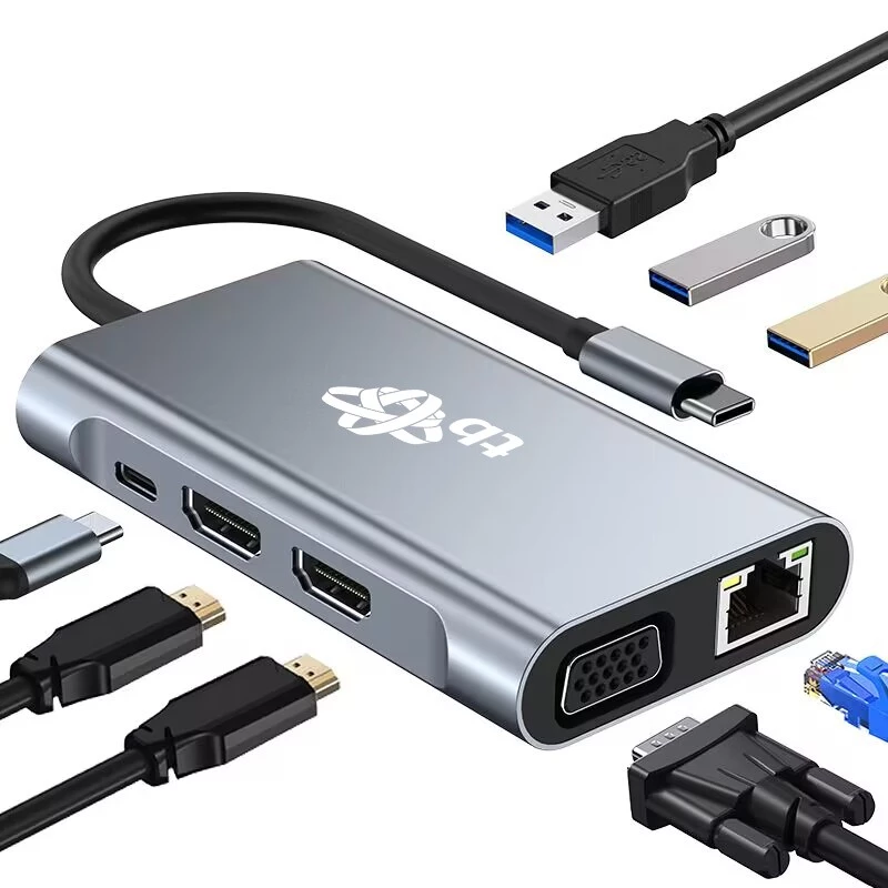 HUB 8in1 adapteris USB C HDMI x2 USB VGA RJ45 PD