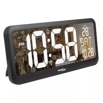 Didelis skaitmeninis laikrodis su temperatūros jutikliu, tvirtinamas ant sienos arba pastatomas, 37x17 cm LCD ekranas, maitinimo adapteris ir baterijomis maitinamas