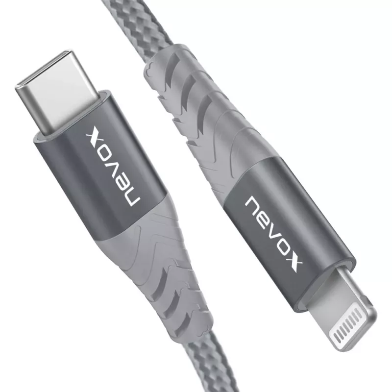 USB 2.0 adapterio laidas, USB-C kištukas > Lightning kištukas (sidabrinė/pilka, 1 metras, PD, aptrauktas)