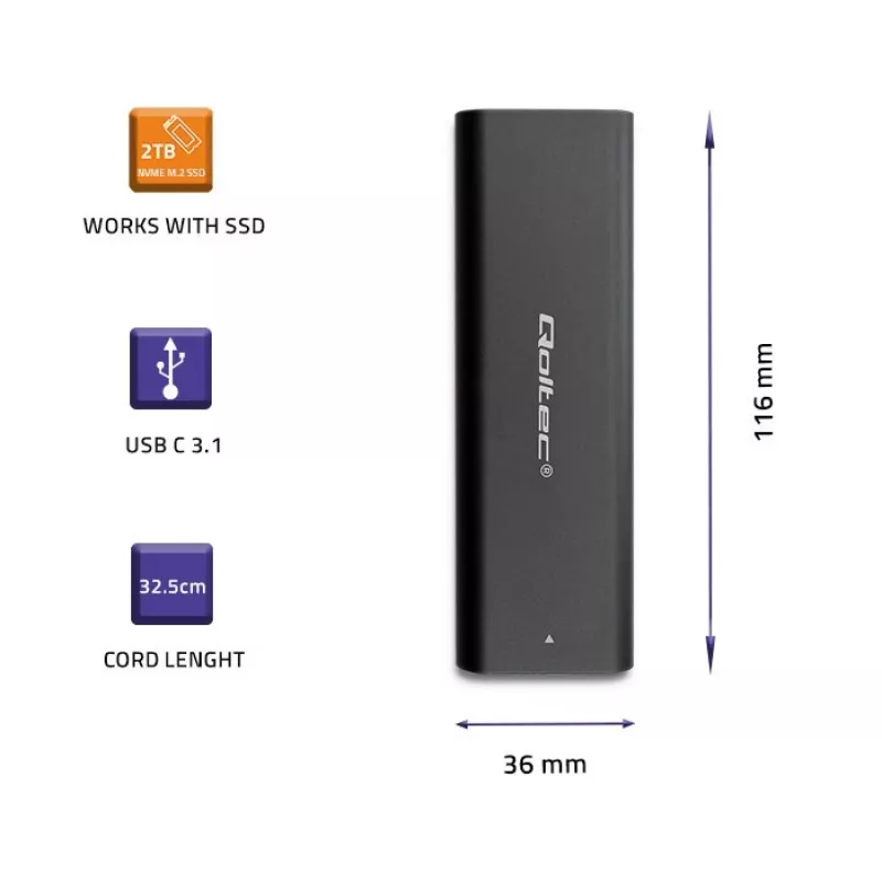 SSD korpusas QOLTEC 50312 Juodas vienam M.2 SATA diskui, USB Type-C (USB 2.0 / 3.2 Gen 1)