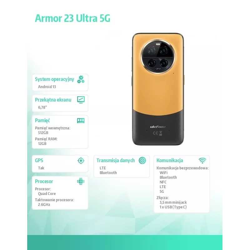 Pramoninis išmanusis telefonas UleFone Armor 23 Ultra 5G — 12GB RAM, 512GB atminties, oranžinis