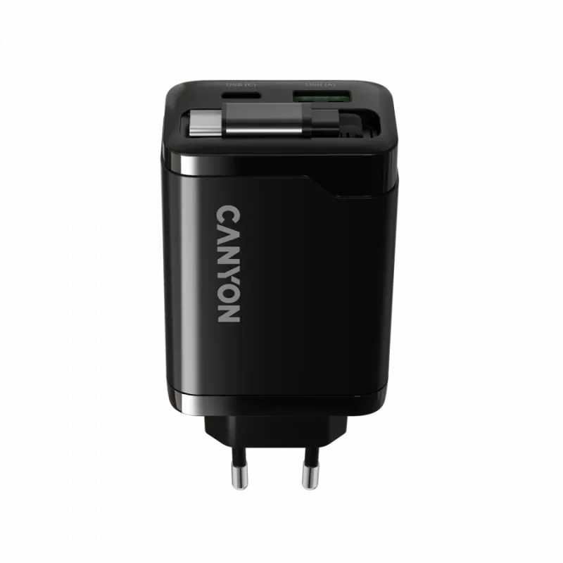 Įkroviklis CANYON OnCharge 65RC su integruotu USB-C laidu, 65W, 1x PD, 1x QC, ES kištukas, juodas