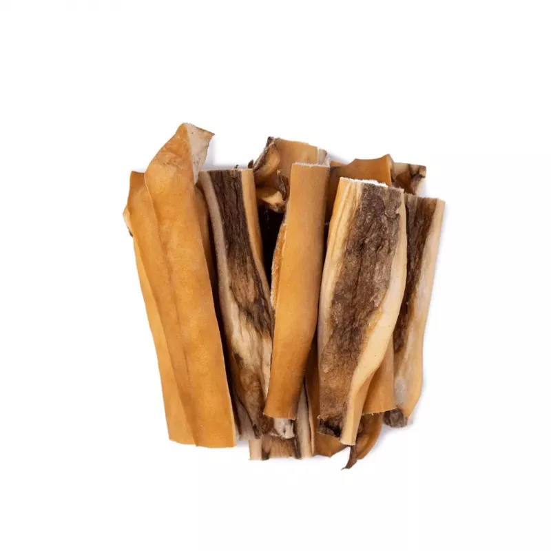 Šunų skanėstai UNISZKI Beef Skin 100 g — natūralūs jautienos odos dantų kramtukai, 100 g pakelis, baltymai 65%