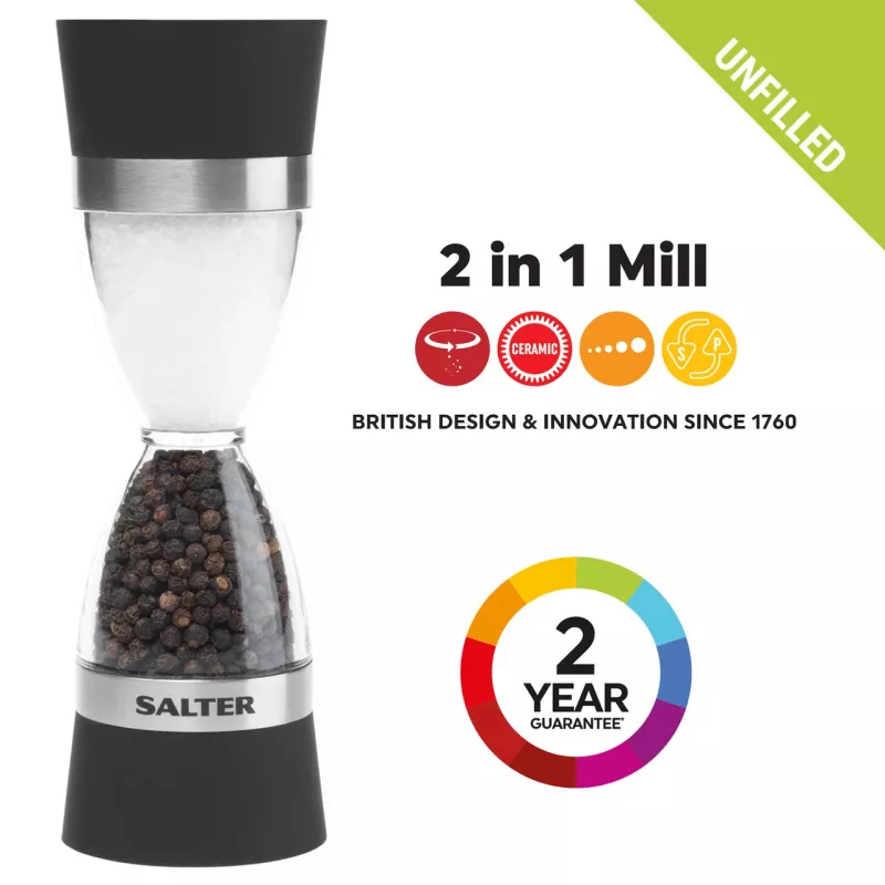 Mechaninis druskos ir pipirų malūnėlis „Salter 7611 BKXRUP1“ 2-in-1 reguliuojami malimo nustatymai, nerūdijantis plienas