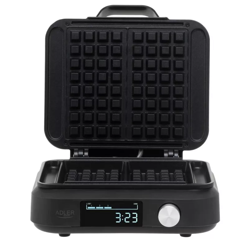 Vaflių keptuvas Adler AD 3087 — elektrinė belgiška vaflinė, 2200 W, 2 stačiakampės plokštės 9×17 cm, juoda