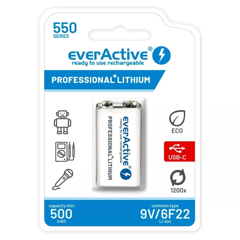 Rechargeable battery everActive 6F22/9V Li-ion 550 mAh with USB TYPE C