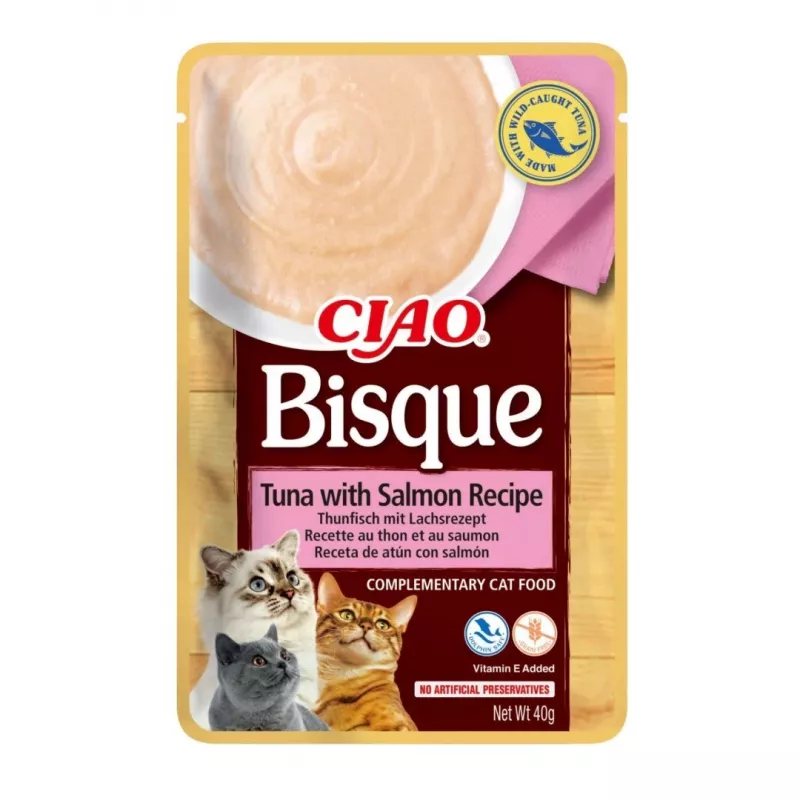 Šlapias kačių skanėstas INABA CIAO Bisque — tunas, jautiena, vištiena 40 g pakeliuose, pakuotėje 24 vnt.