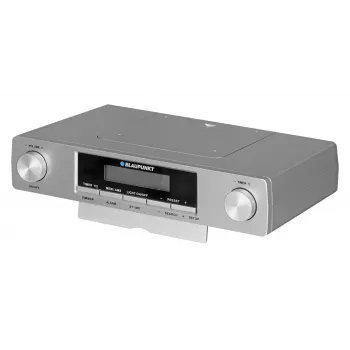 Virtuvės radijas BLAUPUNKT KR12SL — FM skaitmeninis imtuvas, 0,8 W RMS, LCD ekranas, AC 110–240 V, baterijos atsarginis maitinimas (2×AA), sidabrinis