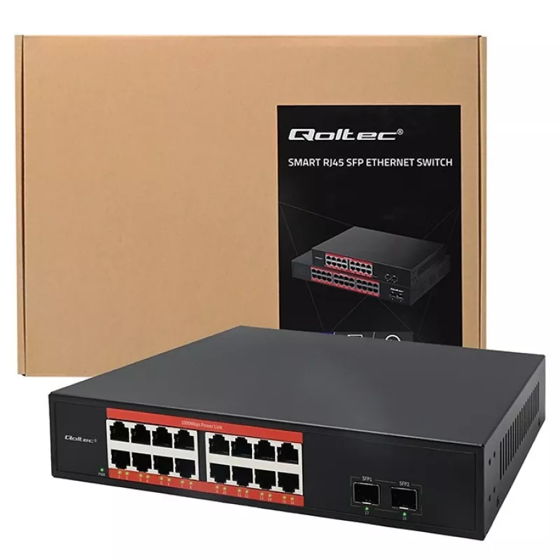 Tinklo komutatorius QOLTEC 52364 — Gigabit Ethernet PoE 16xRJ45, 2xSFP