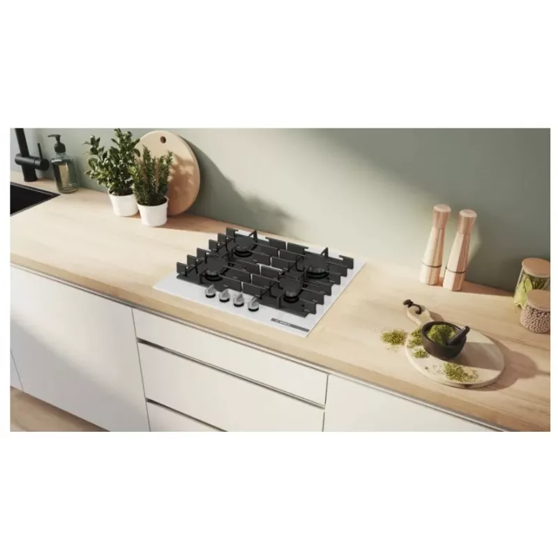 Įmontuojama dujinė kaitlentė Bosch PPP6A2I40, 4 zonų, ketaus grotelės, juoda, 590×520×54 mm, sukamosios rankenėlės valdymas