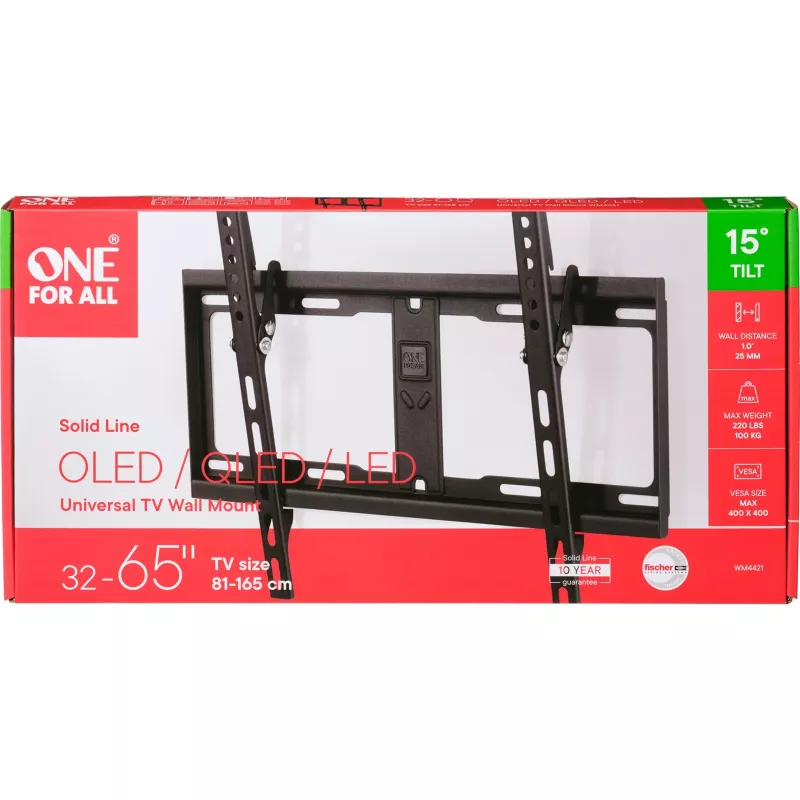 “ONE FOR ALL” sieninis laikiklis, WM 4421, 32–60 colių, pakreipiamas, maksimali apkrova 100 kg, VESA 100x100, 200x100, 200x200, 300x200, 300x300, 400x200, 400x300, 400x400 mm, juodas