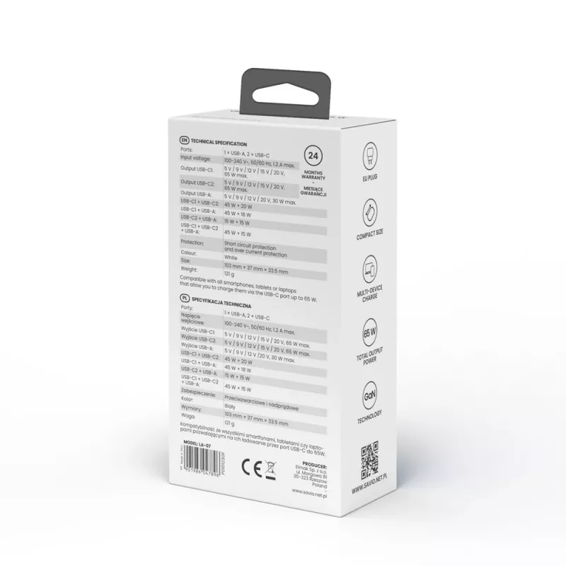 SAVIO LA-07 GaN 65W mains charger, USB, QC4.0+, PD 3.0, Balta