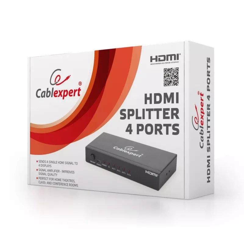 HDMI vaizdo skirstytuvas GEMBIRD DSP-4PH4-02 — 4 HDMI išėjimai, HDMI 1.4, 225 MHz, plieninis korpusas, 146×73×24 mm
