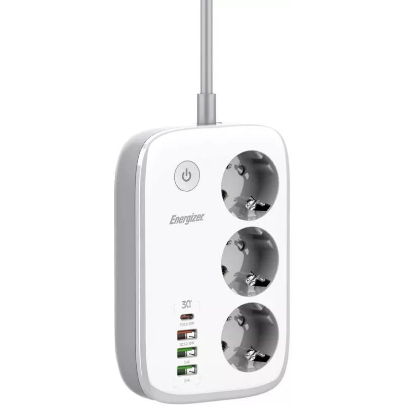 Maitinimo ilgintuvas Energizer EPB2500W02EU — 3 kintamosios srovės lizdai, 2 m laidas, 2500 W, vidaus, baltas