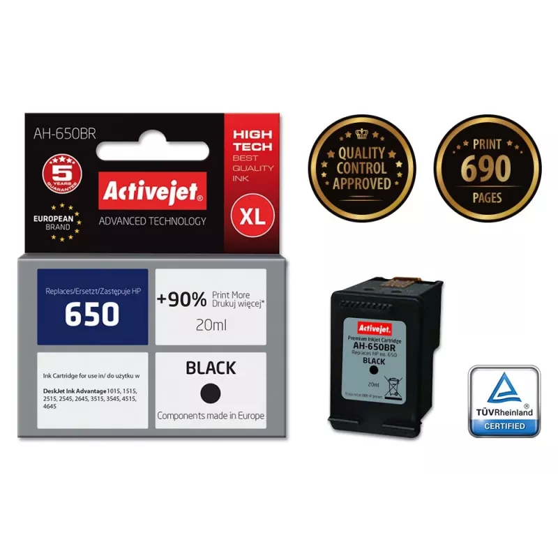 Rašalo kasetė ActiveJet AH-650BR, suderinama su HP 650, juodas pigmentinis rašalas, XL 20 ml, ~690 psl.