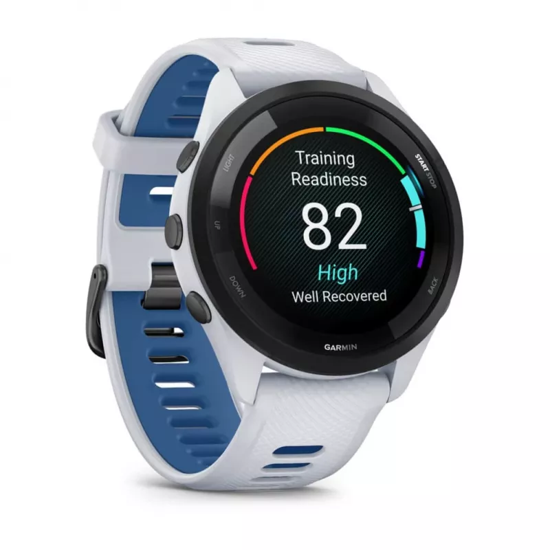 Išmanusis laikrodis GARMIN Forerunner 265 — 46 mm GFRP korpusas, AMOLED 1,3 colio, GPS/GLONASS/Galileo, 15 dienų baterija, 5 ATM, silikoninis dirželis