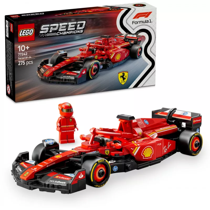 LEGO Speed Champions Ferrari SF-24 F1 lenktyninis automobilis, rinkinys 77242 — 275 vnt., 1 minifigūrėlė, 10+ metų