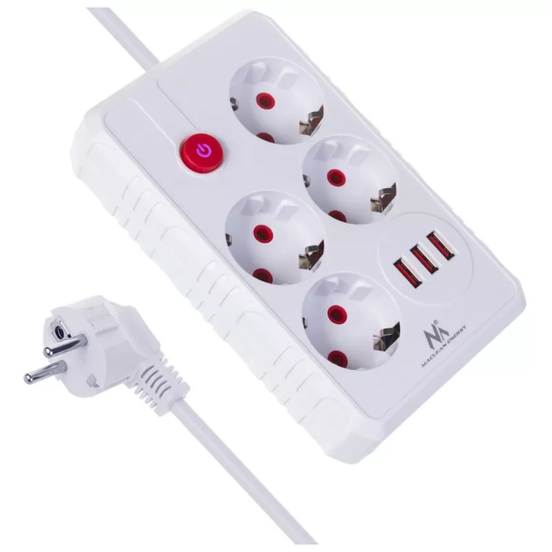 Maitinimo lizdas MACLEAN MCE392 W — 4 F tipo lizdai, 3×USB A, 110–240 V, 2.1 A maks., 2500 W, 1,5 m kabelis, baltas