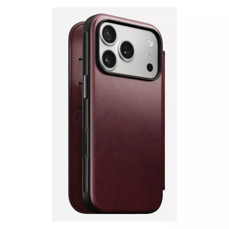 Mobiliojo telefono dėklas Nomad Modern Leather Folio, skirtas Apple iPhone 17 Pro, 6,3 colio (16 cm), oda, bordo spalvos