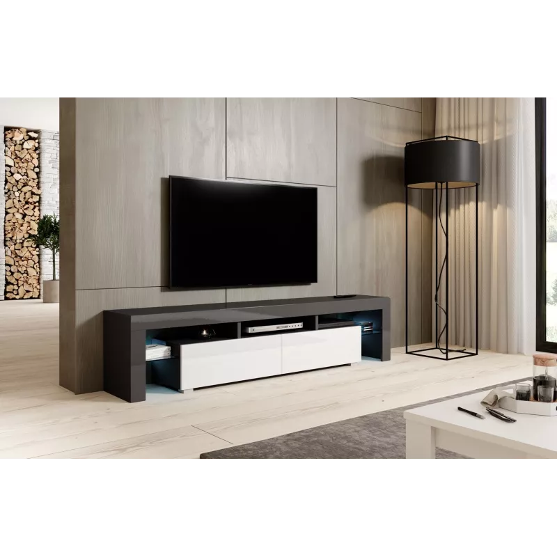 TV staliukas Cama Meble TORO 200 — 2000×350×410 mm, pilka viršutinė plokštė iš medžio drožlių plokštės, pilkas/baltas blizgesys
