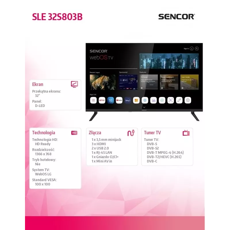 LED IŠMANUSIS TELEVIZORIUS SENCOR SLE 32S803B 32 colių webOS HD 1366×768, HDR10, Wi‑Fi, Bluetooth, DVB‑T/T2/C/S/S2, 3×HDMI, 2×USB