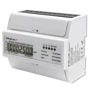 Qoltec trifazis dvikryptis elektroninis skaitiklis | DIN bėgelio energijos suvartojimo matuoklis | 400V | 100A | LCD | 4P
