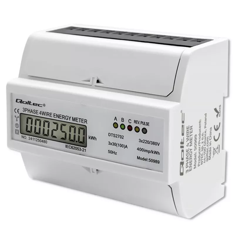 Qoltec Trifazis Dvikryptis Elektroninis Skaitiklis | DIN bėgio energijos suvartojimo matuoklis | 400V | 100A | LCD | 4P