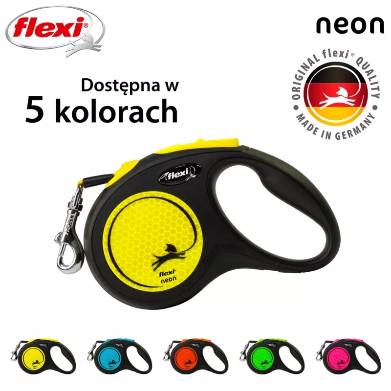Ištraukiamas pavadėlis Flexi New NEON 5 m - juostinis pavadėlis, mažiems šunims iki 15 kg, juoda/geltona