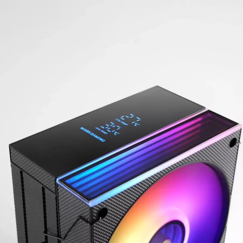 Aušintuvas TACENS Mars Gaming MCPU-LCD, 120 mm ventiliatorius, TDP 300 W, palaiko LGA1700/1200/115x/1366 ir AM4/AM5, juodas