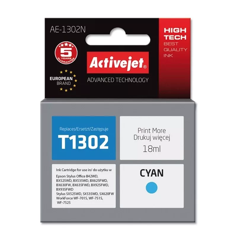 Rašalo kasetė ActiveJet AE-1302N suderinama su Epson T1302 — Žydra, 18 ml, XL