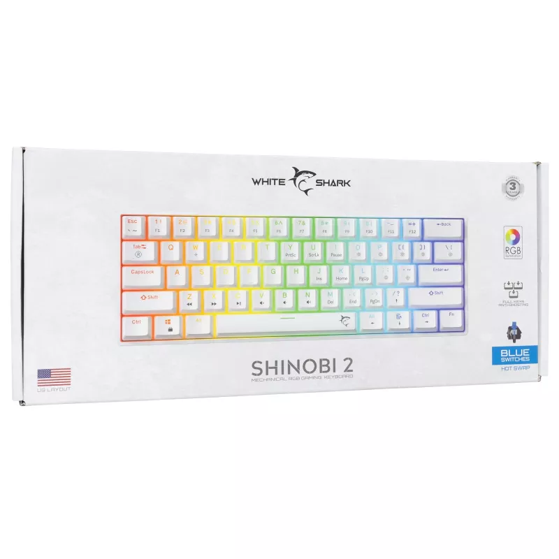 Laidinė mechaninė klaviatūra White Shark Shinobi-2 (GK-004221) — mėlyni jungikliai, balta, JAV išdėstymas