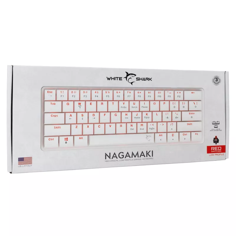 Mechaninė klaviatūra White Shark Nagamaki GK-006211 — kompaktiškas išdėstymas, raudoni mechaniniai jungikliai, baltas korpusas