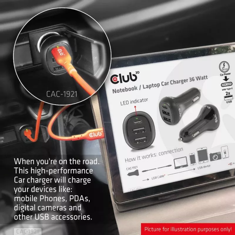 CLUB3D Nešiojamųjų kompiuterių / laptopų automobilinis įkroviklis 36 Watt, Auto, cigarečių žiebtuvėlis, 24 V, juodas