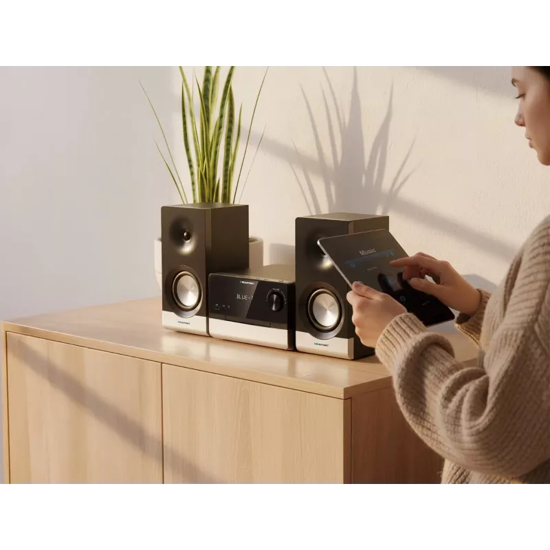Namų garso mikrosistema BLAUPUNKT MS40.2BT — 2×50 W RMS, Bluetooth, CD, USB, HDMI ARC, optinis įėjimas, LED ekranas (juoda)