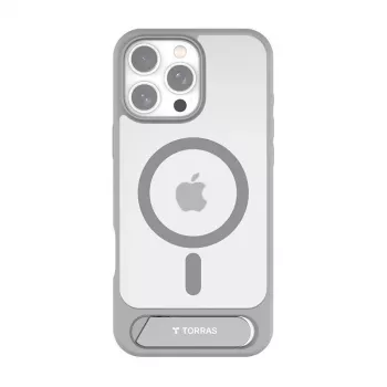 Apsauginis telefono dėklas Torras Pstand Series, skirtas iPhone 16 Pro Max, pilkas, plonas profilis su integruotu stovu